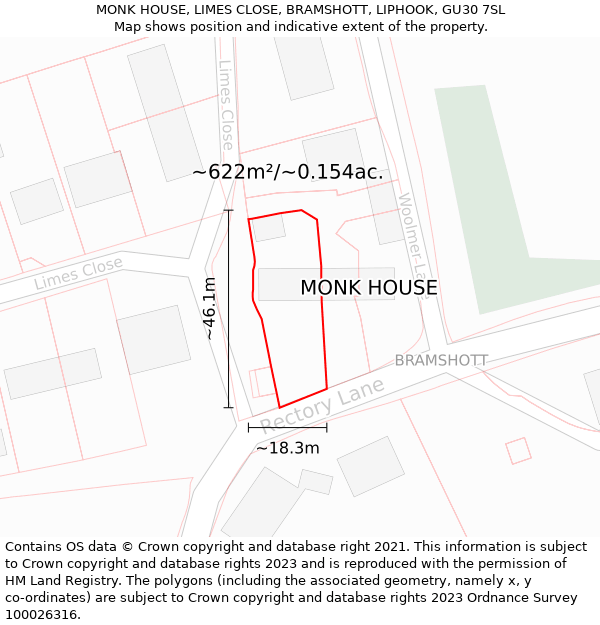 MONK HOUSE, LIMES CLOSE, BRAMSHOTT, LIPHOOK, GU30 7SL: Plot and title map