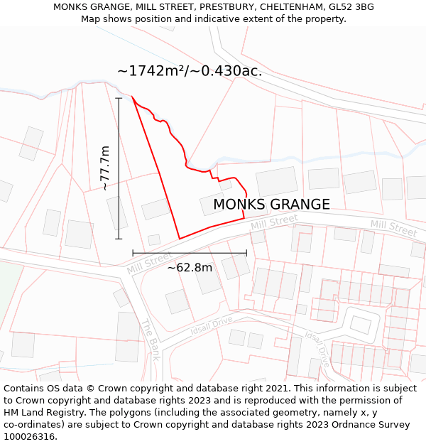 MONKS GRANGE, MILL STREET, PRESTBURY, CHELTENHAM, GL52 3BG: Plot and title map