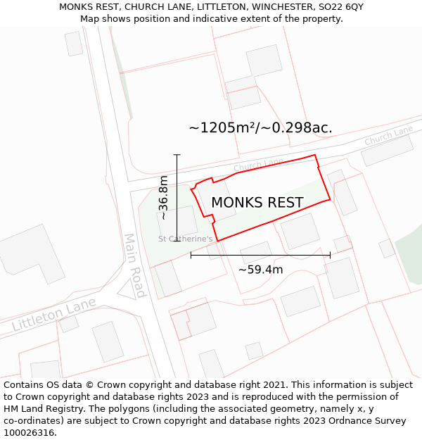 MONKS REST, CHURCH LANE, LITTLETON, WINCHESTER, SO22 6QY: Plot and title map