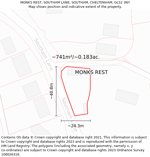 MONKS REST, SOUTHAM LANE, SOUTHAM, CHELTENHAM, GL52 3NY: Plot and title map