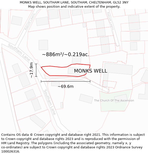 MONKS WELL, SOUTHAM LANE, SOUTHAM, CHELTENHAM, GL52 3NY: Plot and title map