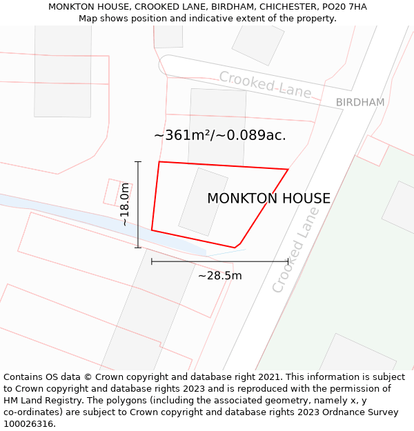 MONKTON HOUSE, CROOKED LANE, BIRDHAM, CHICHESTER, PO20 7HA: Plot and title map