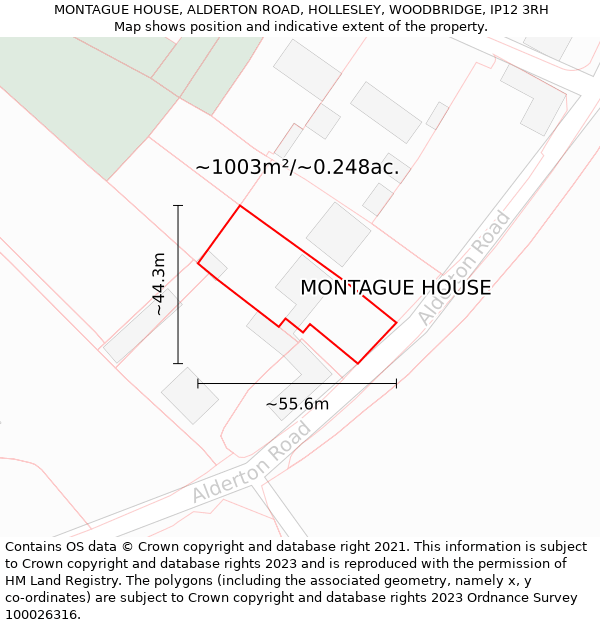 MONTAGUE HOUSE, ALDERTON ROAD, HOLLESLEY, WOODBRIDGE, IP12 3RH: Plot and title map