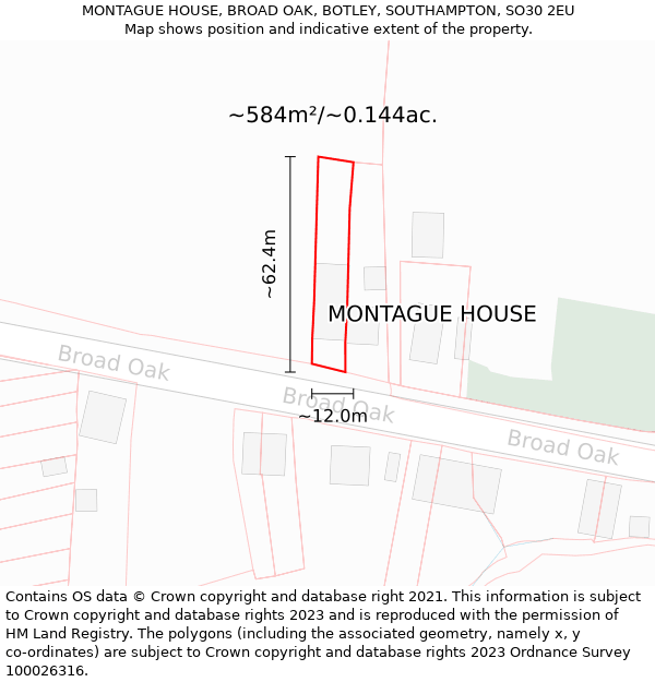 MONTAGUE HOUSE, BROAD OAK, BOTLEY, SOUTHAMPTON, SO30 2EU: Plot and title map