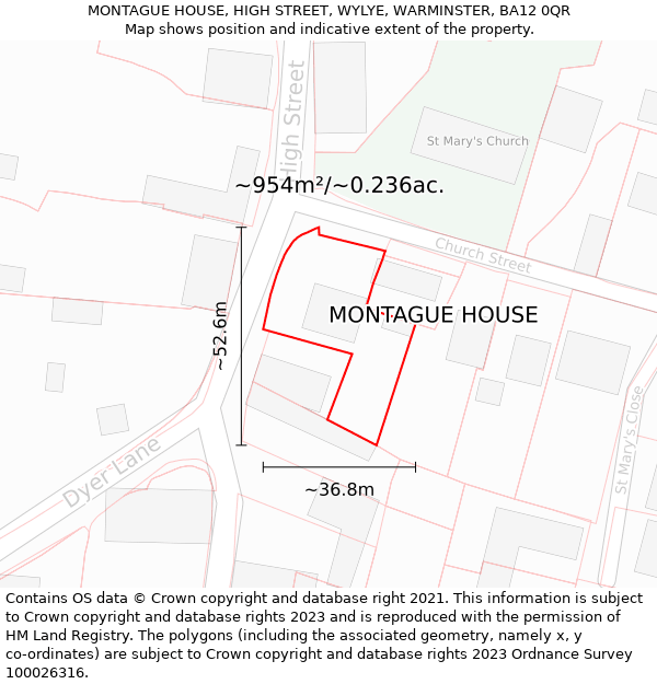 MONTAGUE HOUSE, HIGH STREET, WYLYE, WARMINSTER, BA12 0QR: Plot and title map