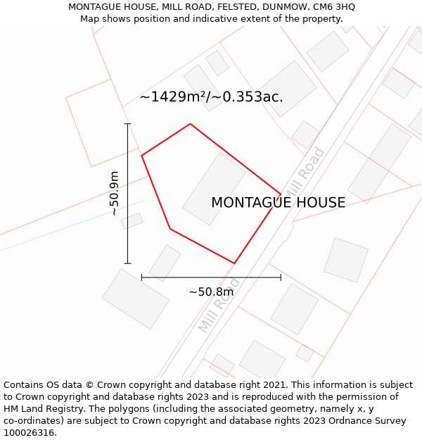 MONTAGUE HOUSE, MILL ROAD, FELSTED, DUNMOW, CM6 3HQ: Plot and title map