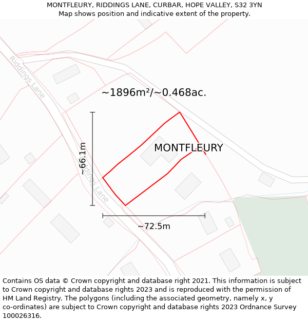 MONTFLEURY, RIDDINGS LANE, CURBAR, HOPE VALLEY, S32 3YN: Plot and title map