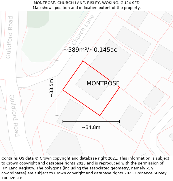 MONTROSE, CHURCH LANE, BISLEY, WOKING, GU24 9ED: Plot and title map