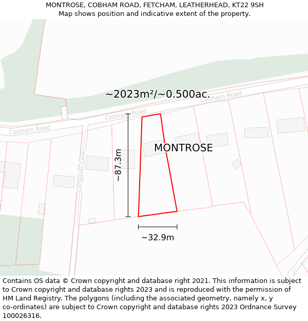 MONTROSE, COBHAM ROAD, FETCHAM, LEATHERHEAD, KT22 9SH: Plot and title map