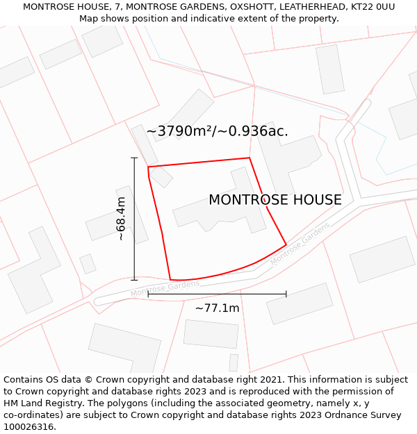 MONTROSE HOUSE, 7, MONTROSE GARDENS, OXSHOTT, LEATHERHEAD, KT22 0UU: Plot and title map