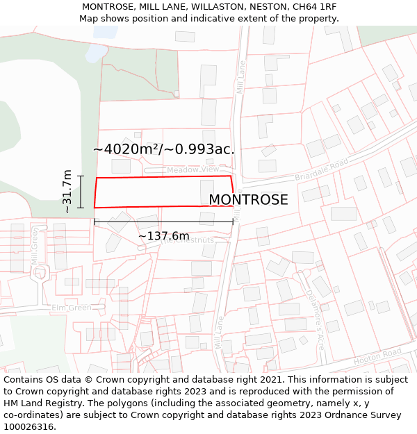 MONTROSE, MILL LANE, WILLASTON, NESTON, CH64 1RF: Plot and title map