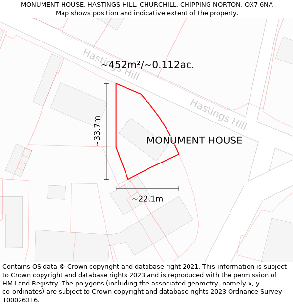 MONUMENT HOUSE, HASTINGS HILL, CHURCHILL, CHIPPING NORTON, OX7 6NA: Plot and title map