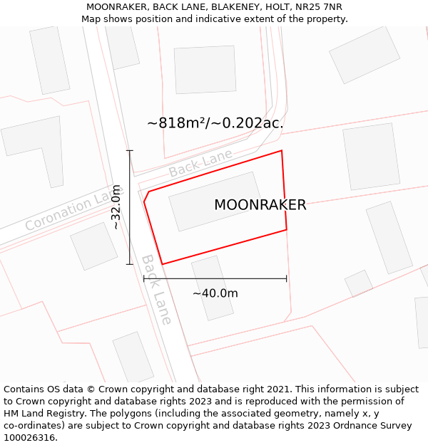 MOONRAKER, BACK LANE, BLAKENEY, HOLT, NR25 7NR: Plot and title map