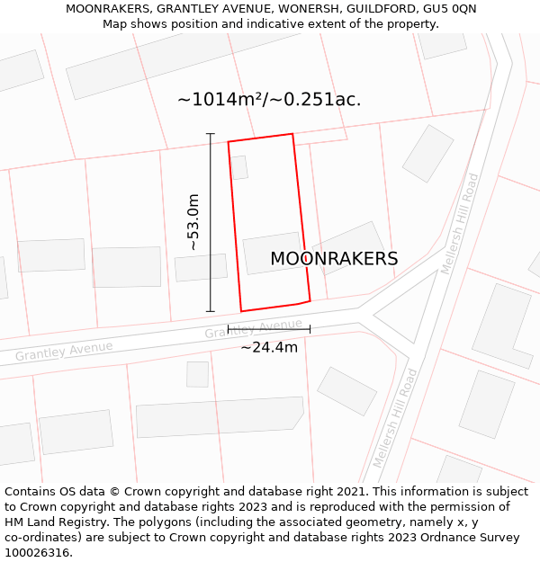 MOONRAKERS, GRANTLEY AVENUE, WONERSH, GUILDFORD, GU5 0QN: Plot and title map