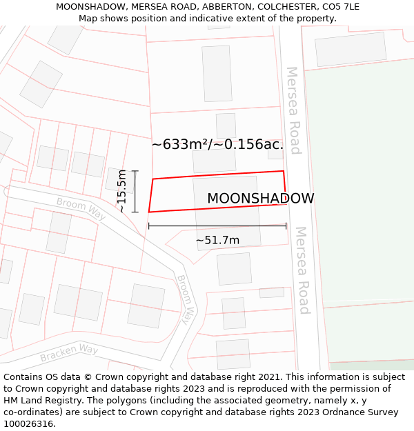 MOONSHADOW, MERSEA ROAD, ABBERTON, COLCHESTER, CO5 7LE: Plot and title map