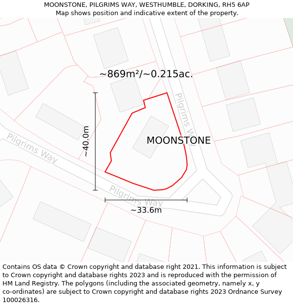 MOONSTONE, PILGRIMS WAY, WESTHUMBLE, DORKING, RH5 6AP: Plot and title map