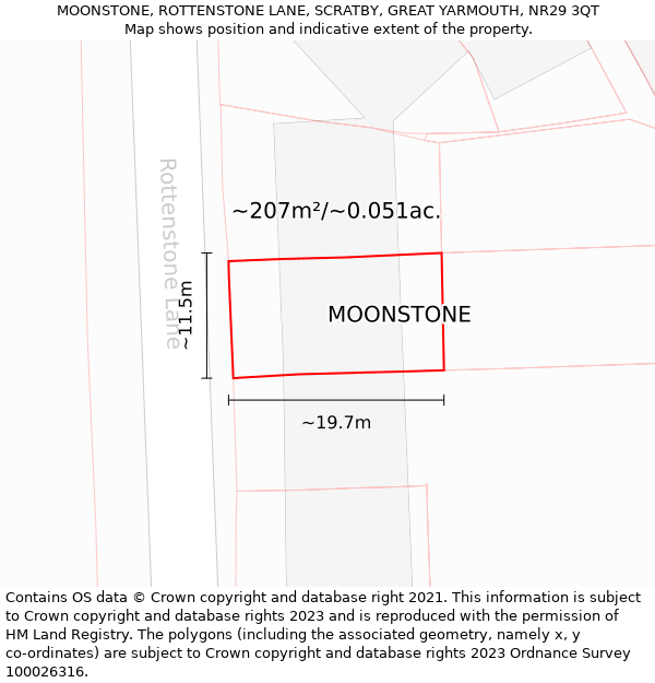 MOONSTONE, ROTTENSTONE LANE, SCRATBY, GREAT YARMOUTH, NR29 3QT: Plot and title map