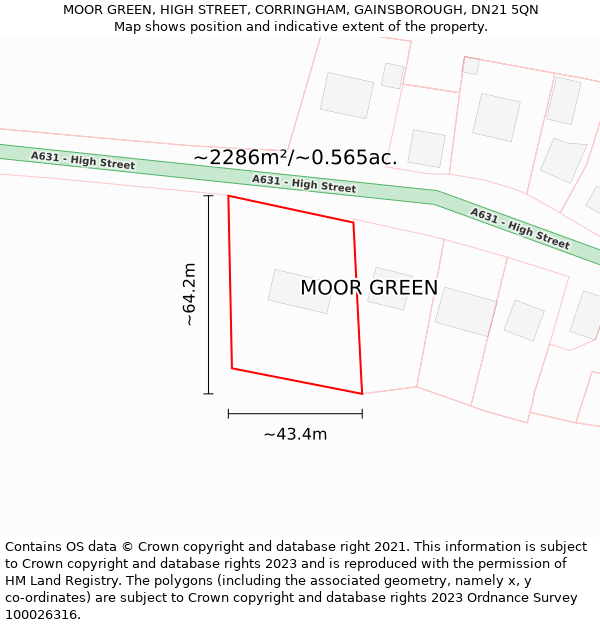 MOOR GREEN, HIGH STREET, CORRINGHAM, GAINSBOROUGH, DN21 5QN: Plot and title map