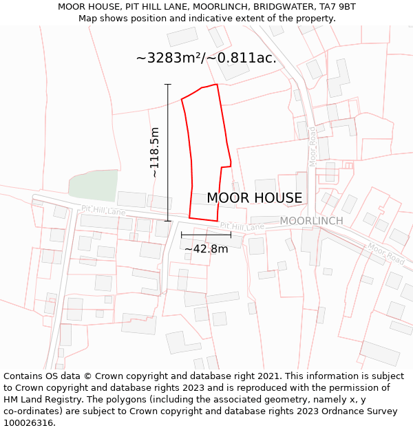 MOOR HOUSE, PIT HILL LANE, MOORLINCH, BRIDGWATER, TA7 9BT: Plot and title map