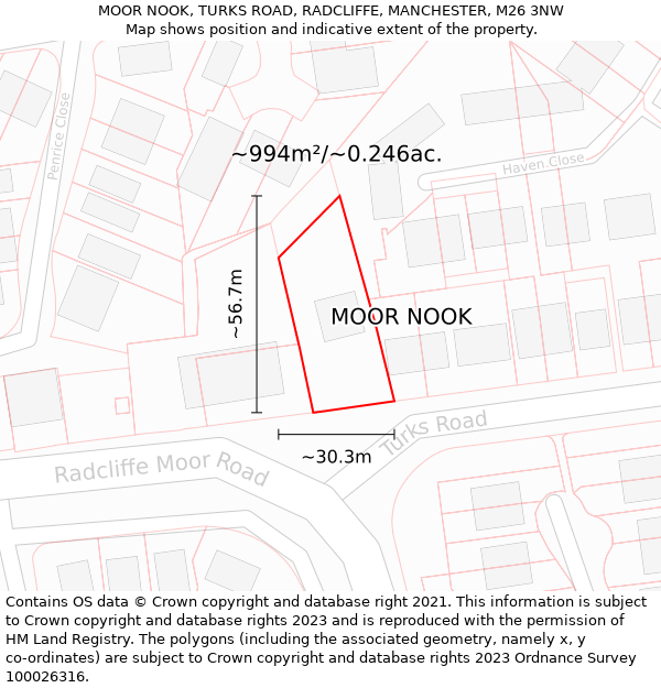 MOOR NOOK, TURKS ROAD, RADCLIFFE, MANCHESTER, M26 3NW: Plot and title map