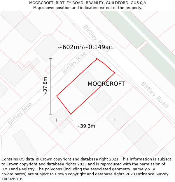 MOORCROFT, BIRTLEY ROAD, BRAMLEY, GUILDFORD, GU5 0JA: Plot and title map