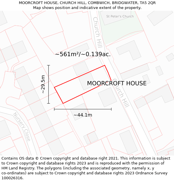 MOORCROFT HOUSE, CHURCH HILL, COMBWICH, BRIDGWATER, TA5 2QR: Plot and title map