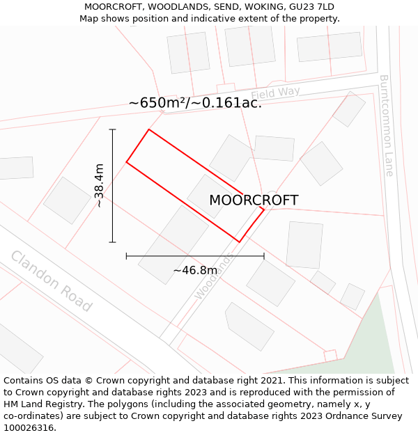 MOORCROFT, WOODLANDS, SEND, WOKING, GU23 7LD: Plot and title map