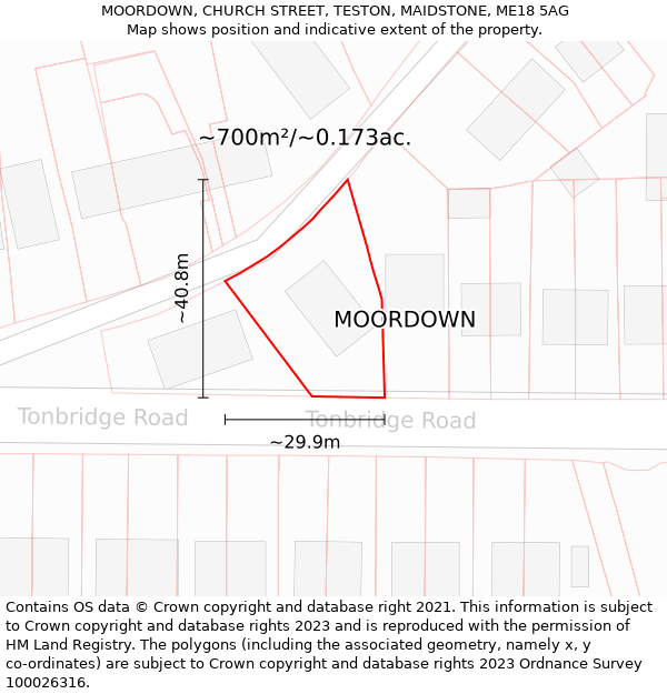 MOORDOWN, CHURCH STREET, TESTON, MAIDSTONE, ME18 5AG: Plot and title map