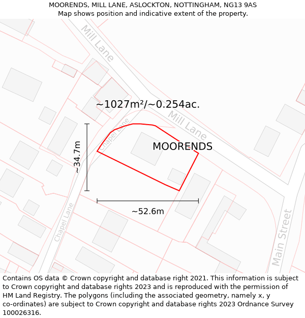 MOORENDS, MILL LANE, ASLOCKTON, NOTTINGHAM, NG13 9AS: Plot and title map