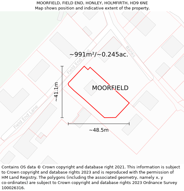 MOORFIELD, FIELD END, HONLEY, HOLMFIRTH, HD9 6NE: Plot and title map