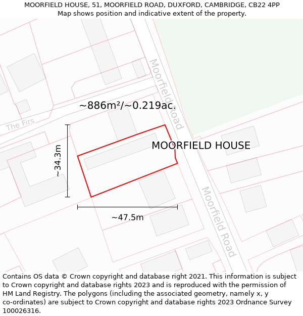 MOORFIELD HOUSE, 51, MOORFIELD ROAD, DUXFORD, CAMBRIDGE, CB22 4PP: Plot and title map