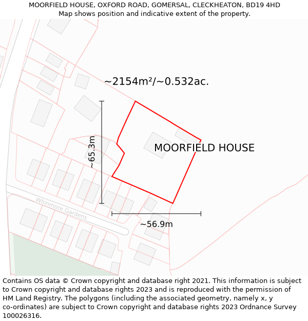 MOORFIELD HOUSE, OXFORD ROAD, GOMERSAL, CLECKHEATON, BD19 4HD: Plot and title map