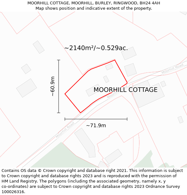 MOORHILL COTTAGE, MOORHILL, BURLEY, RINGWOOD, BH24 4AH: Plot and title map