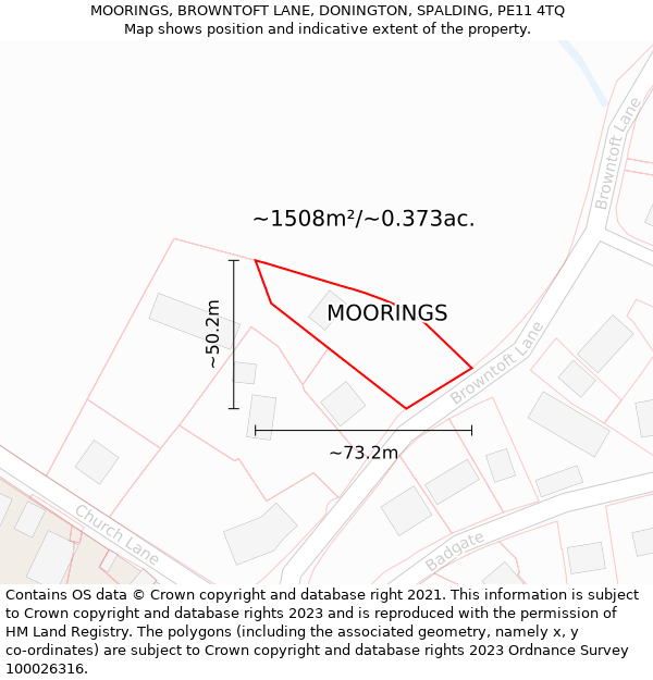 MOORINGS, BROWNTOFT LANE, DONINGTON, SPALDING, PE11 4TQ: Plot and title map