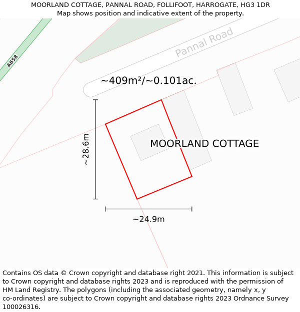 MOORLAND COTTAGE, PANNAL ROAD, FOLLIFOOT, HARROGATE, HG3 1DR: Plot and title map