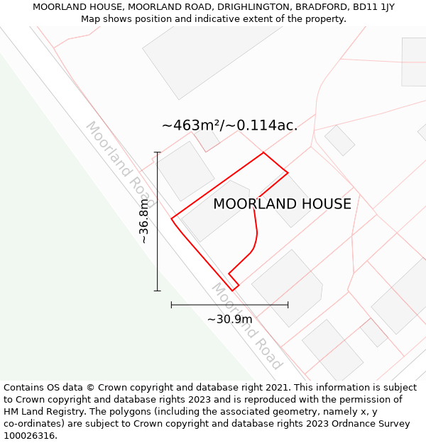 MOORLAND HOUSE, MOORLAND ROAD, DRIGHLINGTON, BRADFORD, BD11 1JY: Plot and title map