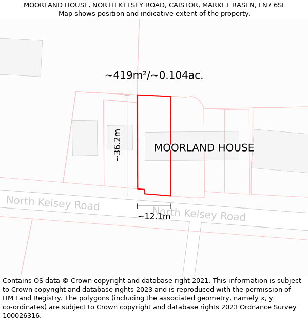 MOORLAND HOUSE, NORTH KELSEY ROAD, CAISTOR, MARKET RASEN, LN7 6SF: Plot and title map