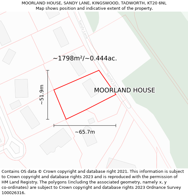 MOORLAND HOUSE, SANDY LANE, KINGSWOOD, TADWORTH, KT20 6NL: Plot and title map