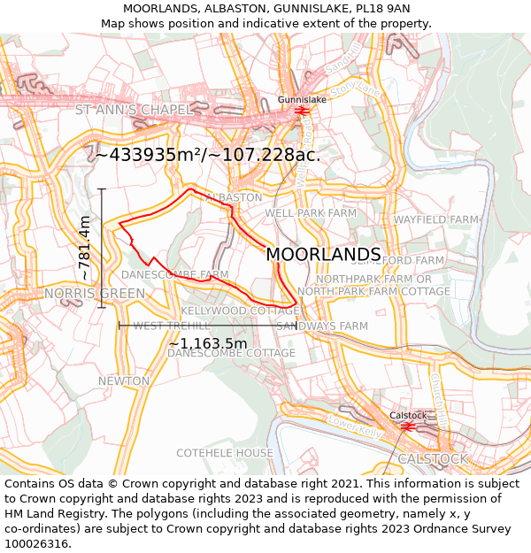 MOORLANDS, ALBASTON, GUNNISLAKE, PL18 9AN: Plot and title map