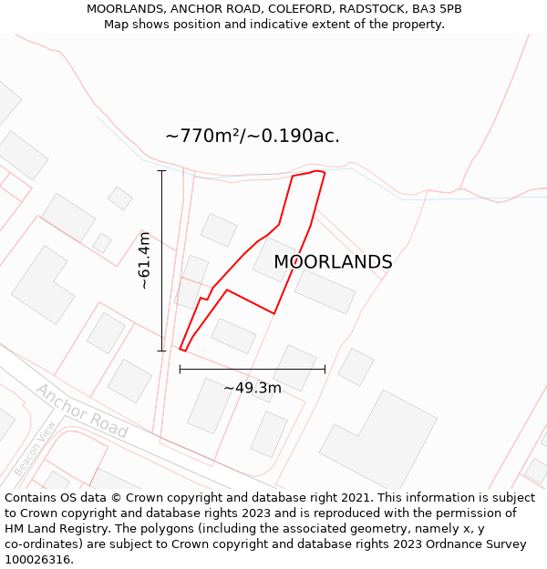 MOORLANDS, ANCHOR ROAD, COLEFORD, RADSTOCK, BA3 5PB: Plot and title map