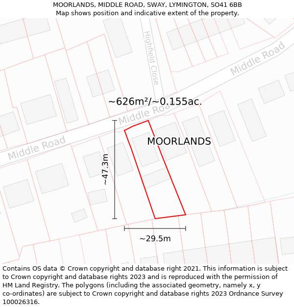 MOORLANDS, MIDDLE ROAD, SWAY, LYMINGTON, SO41 6BB: Plot and title map