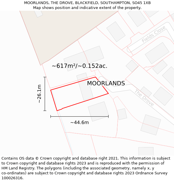 MOORLANDS, THE DROVE, BLACKFIELD, SOUTHAMPTON, SO45 1XB: Plot and title map