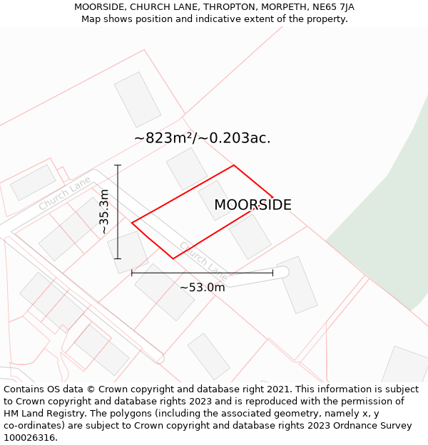 MOORSIDE, CHURCH LANE, THROPTON, MORPETH, NE65 7JA: Plot and title map