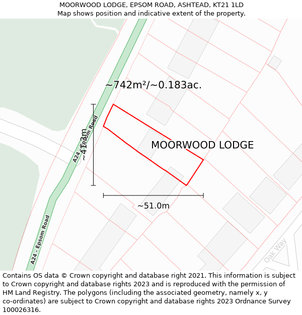 MOORWOOD LODGE, EPSOM ROAD, ASHTEAD, KT21 1LD: Plot and title map