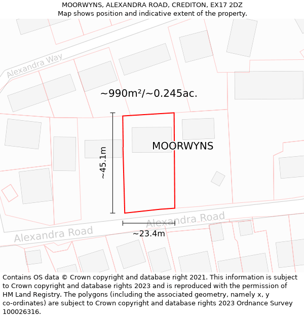 MOORWYNS, ALEXANDRA ROAD, CREDITON, EX17 2DZ: Plot and title map