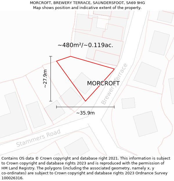 MORCROFT, BREWERY TERRACE, SAUNDERSFOOT, SA69 9HG: Plot and title map