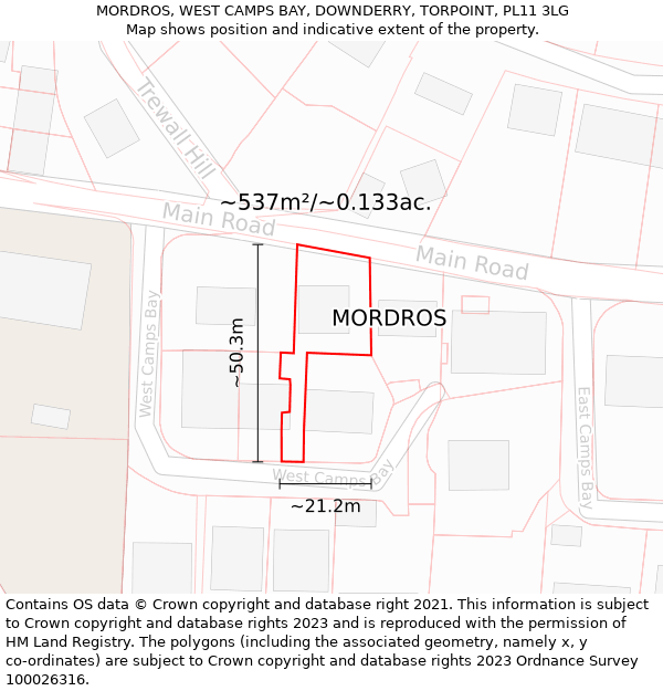 MORDROS, WEST CAMPS BAY, DOWNDERRY, TORPOINT, PL11 3LG: Plot and title map