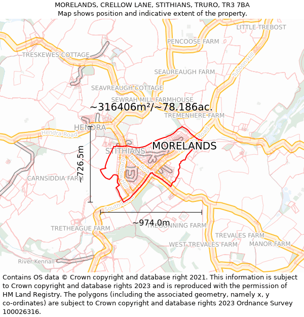 MORELANDS, CRELLOW LANE, STITHIANS, TRURO, TR3 7BA: Plot and title map