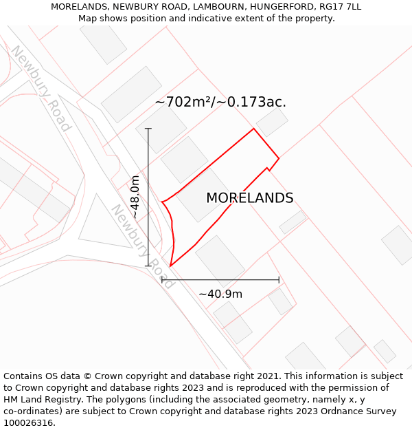 MORELANDS, NEWBURY ROAD, LAMBOURN, HUNGERFORD, RG17 7LL: Plot and title map