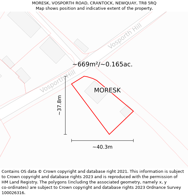 MORESK, VOSPORTH ROAD, CRANTOCK, NEWQUAY, TR8 5RQ: Plot and title map